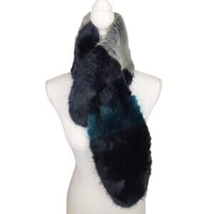 HALOGEN FAUX FUR COLORBLOCK SCARF – BLACK/TEAL/GRAY – WITH FEED‑THROUGH SLIT